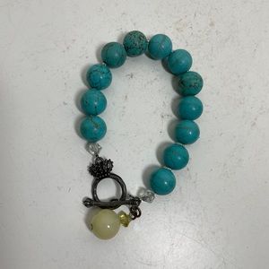 Vintage Blue Topaz Style Bracelet Smooth Ball Beads W White Bead Charm Size 8" L